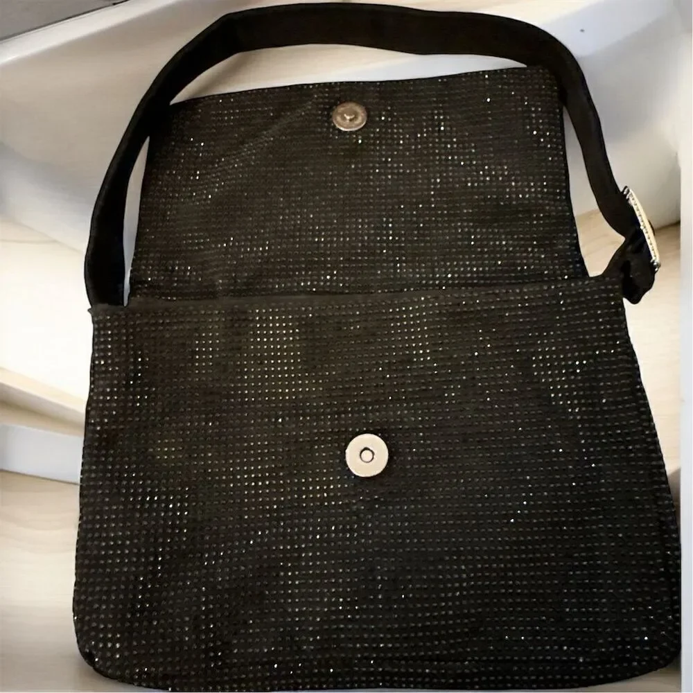 Women's Black Beaded Fabric Rhinestone Buckle Accent Evening Shoulder Handbag